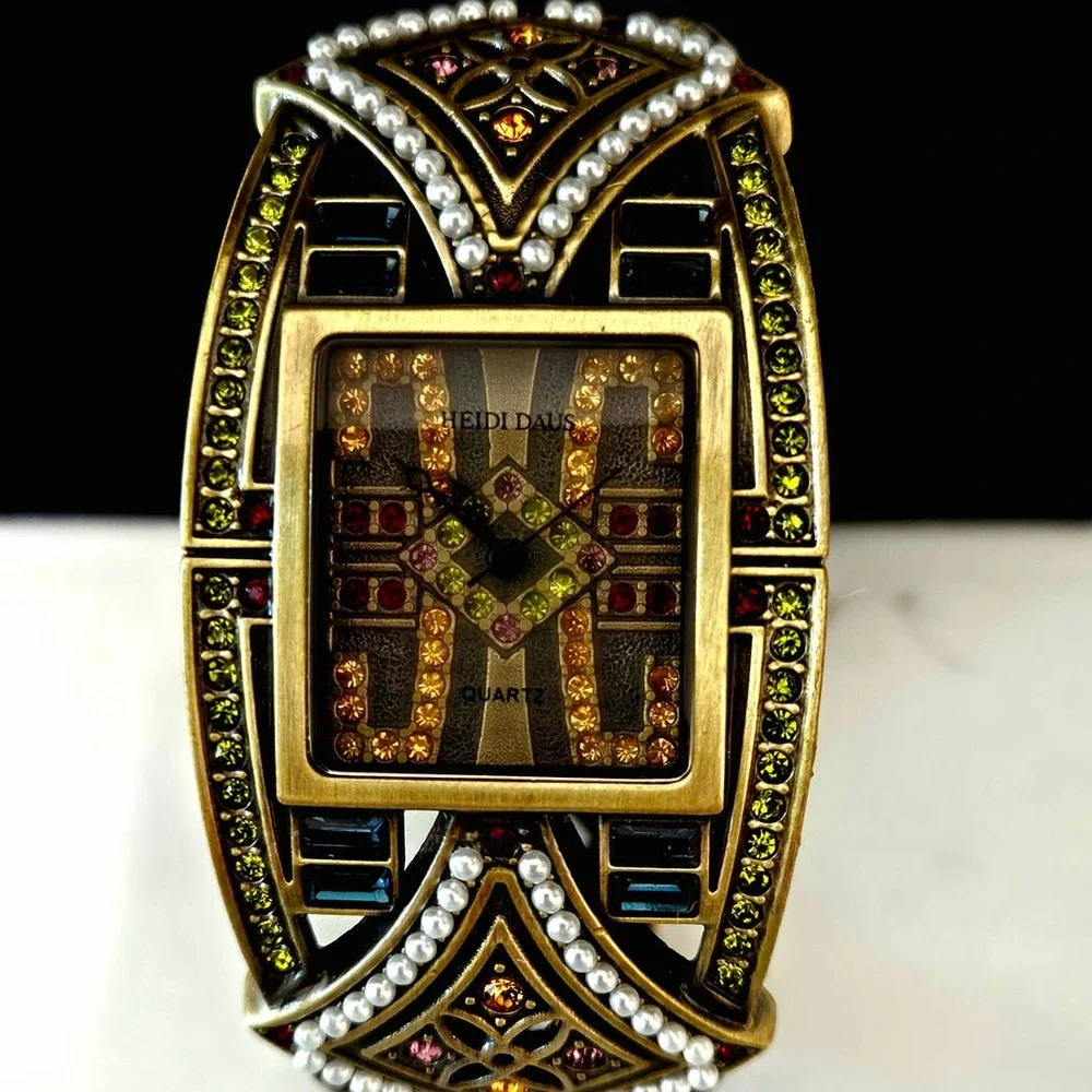 Heidi Daus B7819 Art Deco Style Crystal and Faux Pearl Cuff Watch